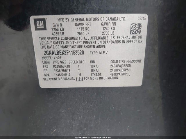 46296142 :رقم المزاد ، 2GNALBEK2F1153520 vin ، 2015 Chevrolet Equinox 1lt مزاد بيع