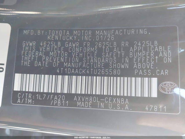 2026 Toyota Camry Le მანქანა იყიდება აუქციონზე, vin: 4T1DAACK4TU265580, აუქციონის ნომერი: 46296149