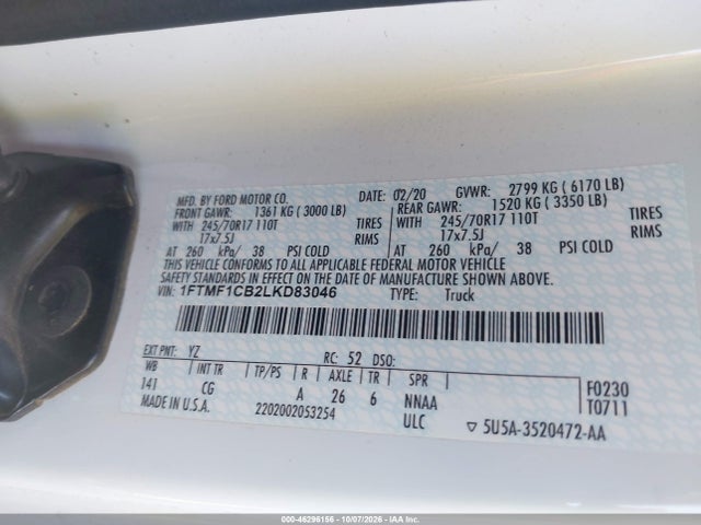 Продаж на аукціоні авто 2020 Ford F-150 Xl, vin: 1FTMF1CB2LKD83046, номер лоту: 46296156