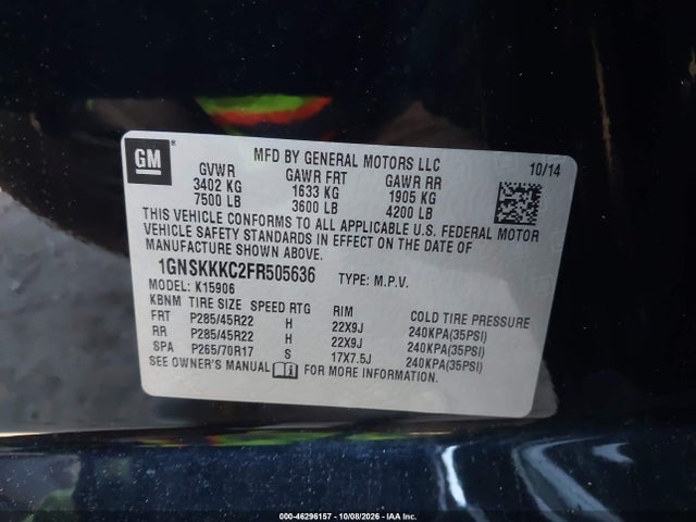 Продаж на аукціоні авто 2015 Chevrolet Suburban 1500 Ltz, vin: 1GNSKKKC2FR505636, номер лоту: 46296157