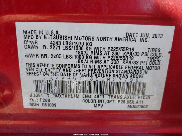 46296158 :رقم المزاد ، 4A4AP5AU8DE023798 vin ، 2013 Mitsubishi Outlander Sport Le مزاد بيع