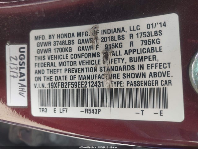 2014 Honda Civic Lx მანქანა იყიდება აუქციონზე, vin: 19XFB2F59EE212431, აუქციონის ნომერი: 46296184