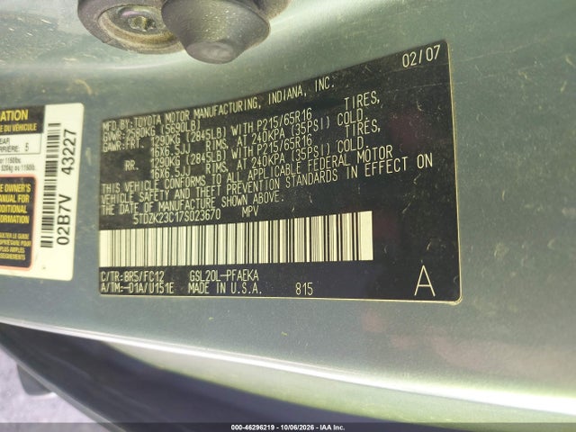 Продажа на аукционе авто 2007 Toyota Sienna Le, vin: 5TDZK23C17S023670, номер лота: 46296219