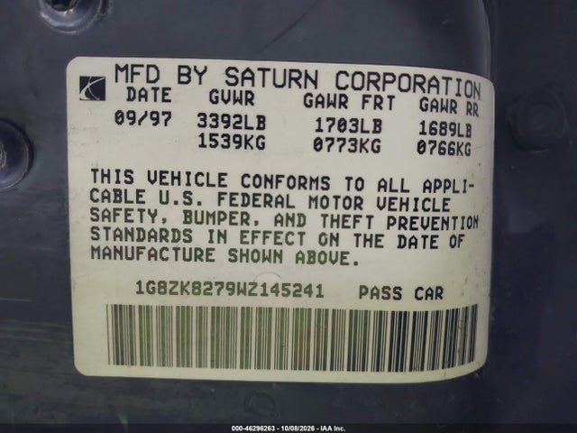 1998 Saturn Sw2 მანქანა იყიდება აუქციონზე, vin: 1G8ZK8279WZ145241, აუქციონის ნომერი: 46296263