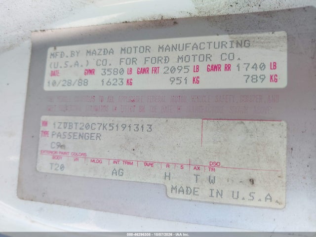 46296308 :رقم المزاد ، 1ZVBT20C7K5191313 vin ، 1989 Ford Probe Gl مزاد بيع