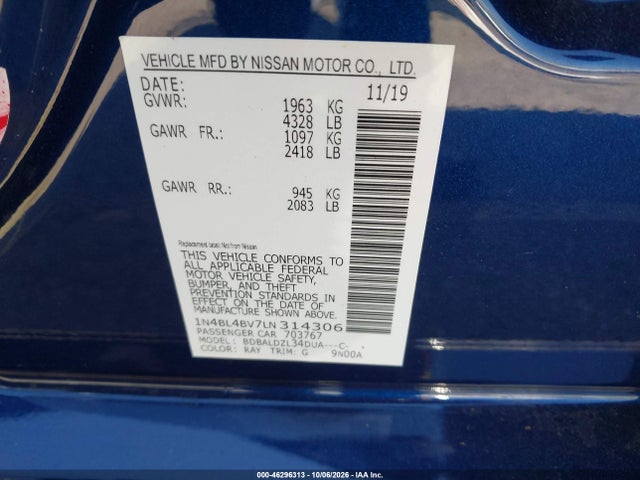 Продаж на аукціоні авто 2020 Nissan Altima S Fwd, vin: 1N4BL4BV7LN314306, номер лоту: 46296313
