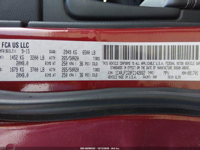 Продаж на аукціоні авто 2015 Jeep Grand Cherokee Overland, vin: 1C4RJFCG9FC142662, номер лоту: 46296352