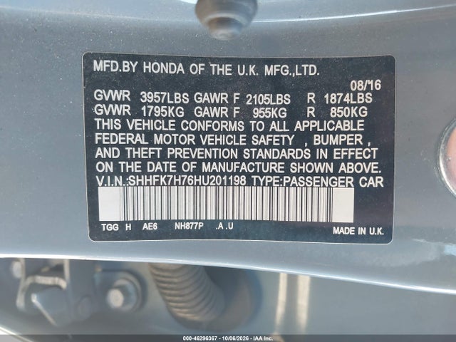 46296367 :رقم المزاد ، SHHFK7H76HU201198 vin ، 2017 Honda Civic Ex-l مزاد بيع