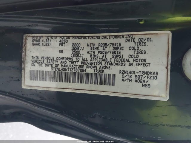 Auction sale of the 2001 Toyota Tacoma, vin: 5TENL42N71Z787284, lot number: 46296366