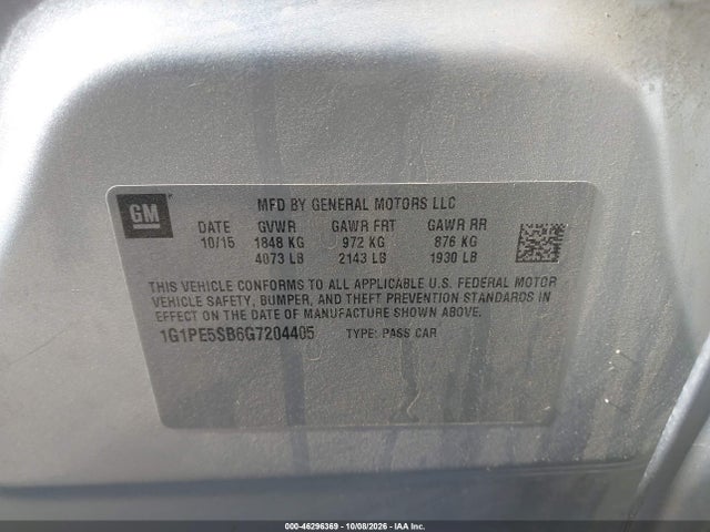 46296369 :رقم المزاد ، 1G1PE5SB6G7204405 vin ، 2016 Chevrolet Cruze Limited 1lt Auto مزاد بيع