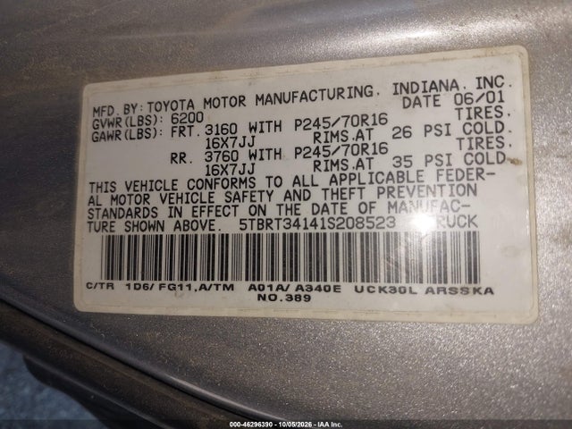 46296390 :رقم المزاد ، 5TBRT34141S208523 vin ، 2001 Toyota Tundra Sr5 V8 مزاد بيع
