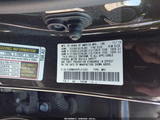 Aukcja sprzedaży 2015 Honda Cr-v Lx, vin: 5J6RM4H3XFL013051, numer aukcji: 46296412