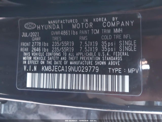 Aukcja sprzedaży 2022 Hyundai Tucson Hybrid Limited, vin: KM8JECA19NU029779, numer aukcji: 46296423
