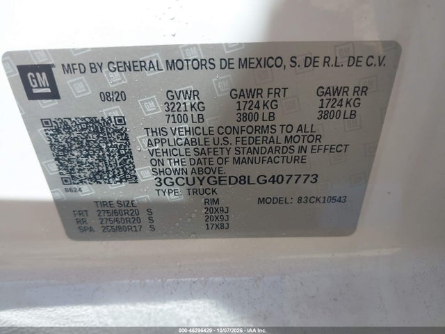 Aukcja sprzedaży 2020 Chevrolet Silverado 1500 4wd  Short Bed Ltz, vin: 3GCUYGED8LG407773, numer aukcji: 46296429