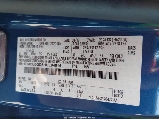 Продажа на аукционе авто 2017 Ford Escape Se, vin: 1FMCU0GD8HUE94814, номер лота: 46296430