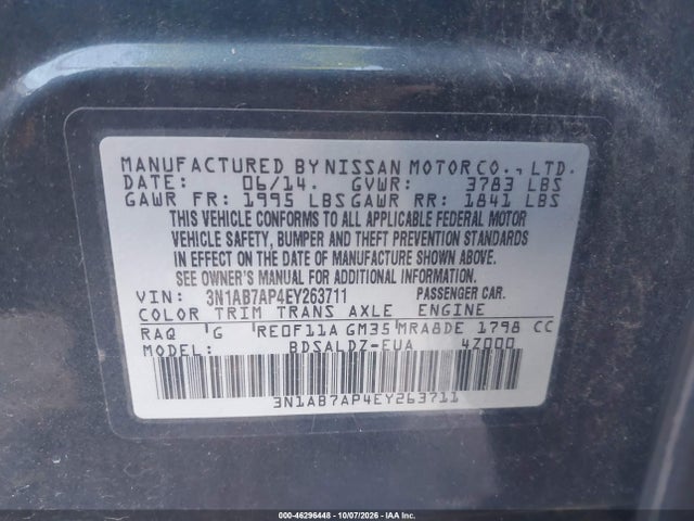 2014 Nissan Sentra Sv მანქანა იყიდება აუქციონზე, vin: 3N1AB7AP4EY263711, აუქციონის ნომერი: 46296448