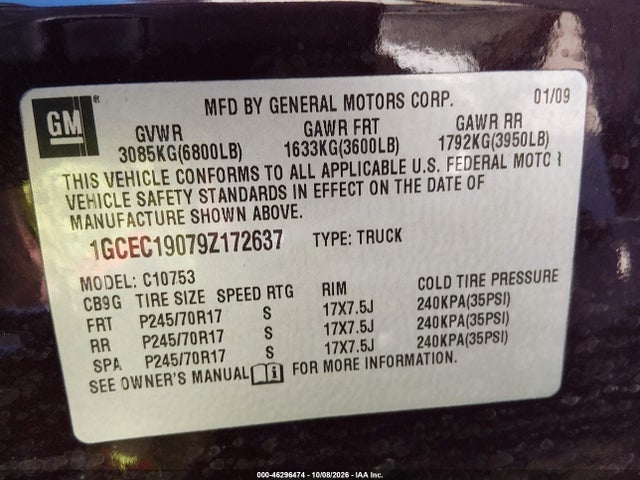 46296474 :رقم المزاد ، 1GCEC19079Z172637 vin ، 2009 Chevrolet Silverado 1500 Work Truck مزاد بيع