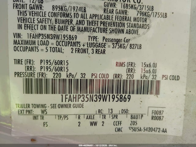46296481 :رقم المزاد ، 1FAHP35N39W195869 vin ، 2009 Ford Focus Se مزاد بيع