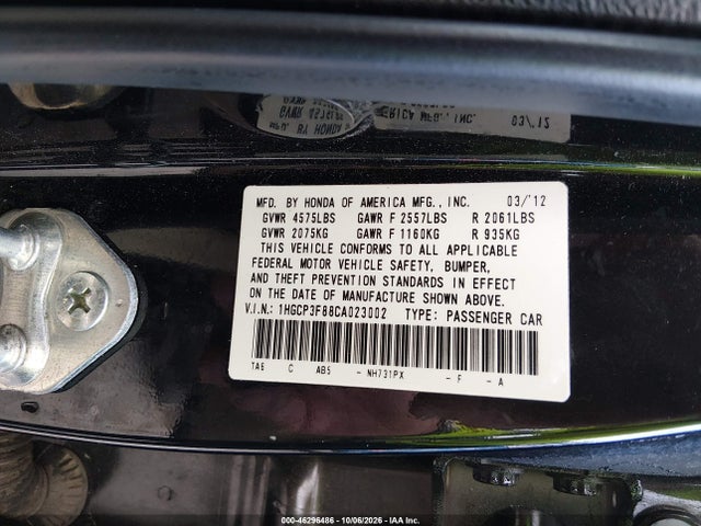 Продаж на аукціоні авто 2012 Honda Accord 3.5 Ex-l, vin: 1HGCP3F88CA023002, номер лоту: 46296486