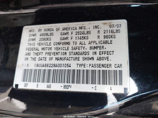 46296491 :رقم المزاد ، 19UUA66228A001054 vin ، 2008 Acura Tl 3.2 مزاد بيع
