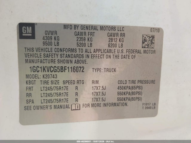 Aukcja sprzedaży 2011 Chevrolet Silverado 2500hd Work Truck, vin: 1GC1KVCG5BF116072, numer aukcji: 46296501