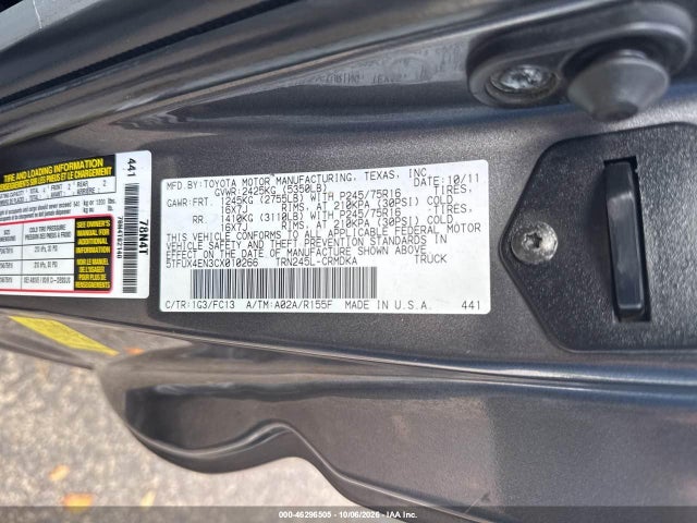 2012 Toyota Tacoma მანქანა იყიდება აუქციონზე, vin: 5TFUX4EN3CX010266, აუქციონის ნომერი: 46296505