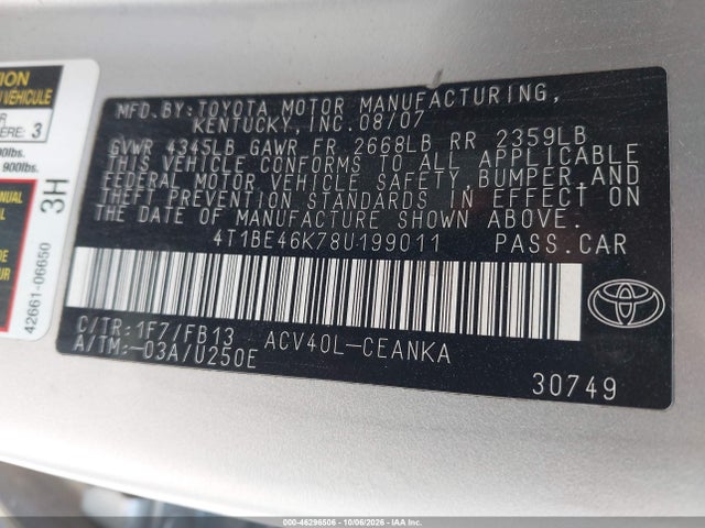 Aukcja sprzedaży 2008 Toyota Camry Le, vin: 4T1BE46K78U199011, numer aukcji: 46296506