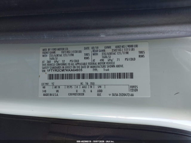 2019 Ford Transit-250 მანქანა იყიდება აუქციონზე, vin: 1FTYR2CM7KKA64935, აუქციონის ნომერი: 46296519