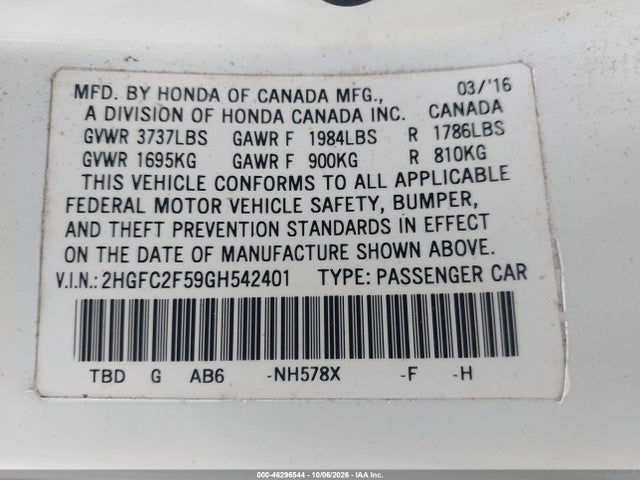 Aukcja sprzedaży 2016 Honda Civic Lx, vin: 2HGFC2F59GH542401, numer aukcji: 46296544