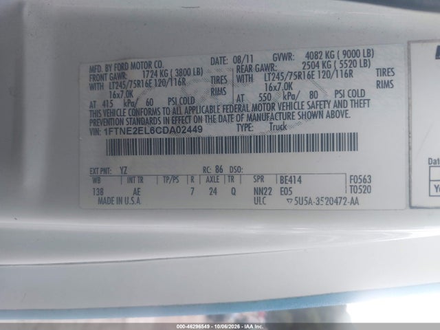 Продаж на аукціоні авто 2012 Ford E-250 Commercial, vin: 1FTNE2EL6CDA02449, номер лоту: 46296549