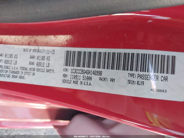 Aukcja sprzedaży 2016 Chrysler 200 S, vin: 1C3CCCBG4GN146998, numer aukcji: 46296573