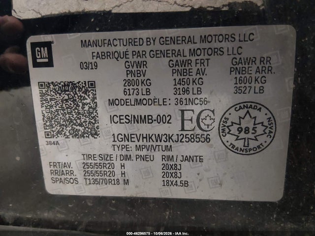 46296575 :رقم المزاد ، 1GNEVHKW3KJ258556 vin ، 2019 Chevrolet Traverse 3lt مزاد بيع