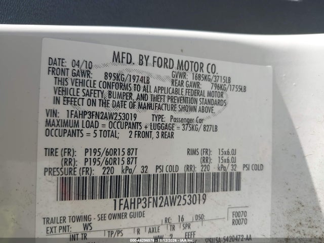 46296576 :رقم المزاد ، 1FAHP3FN2AW253019 vin ، 2010 Ford Focus Se مزاد بيع