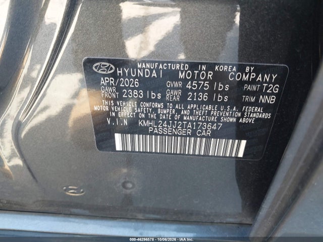Продажа на аукционе авто 2026 Hyundai Sonata Hybrid Blue, vin: KMHL24JJ2TA173647, номер лота: 46296578