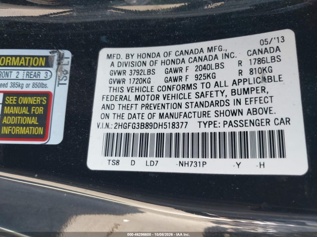 2013 Honda Civic Ex მანქანა იყიდება აუქციონზე, vin: 2HGFG3B89DH518377, აუქციონის ნომერი: 46296600