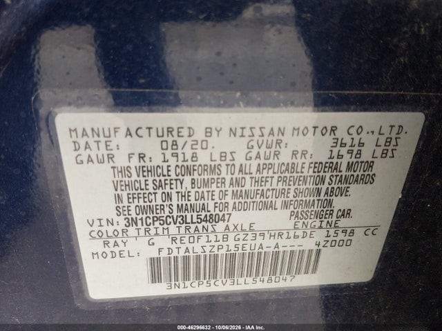 46296632 :رقم المزاد ، 3N1CP5CV3LL548047 vin ، 2020 Nissan Kicks Sv Xtronic Cvt مزاد بيع