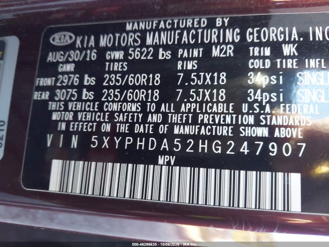 46296635 :رقم المزاد ، 5XYPHDA52HG247907 vin ، 2017 Kia Sorento 3.3l Ex مزاد بيع