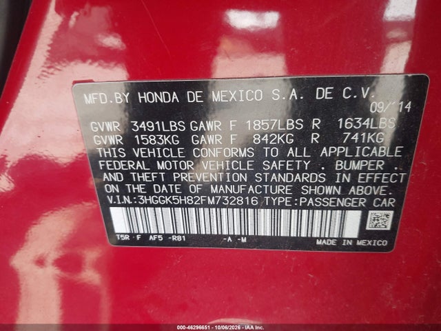 Продажа на аукционе авто 2015 Honda Fit Ex/ex-l, vin: 3HGGK5H82FM732816, номер лота: 46296651