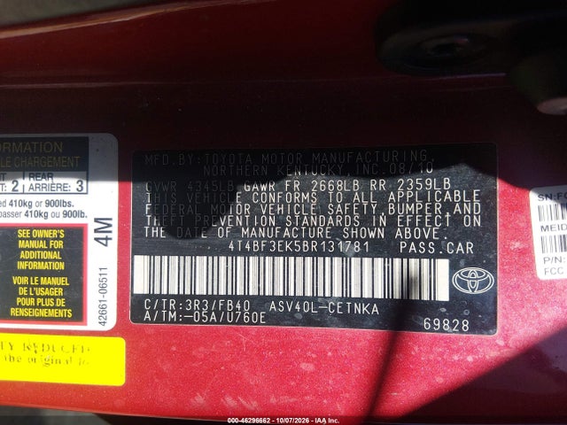46296662 :رقم المزاد ، 4T4BF3EK5BR131781 vin ، 2011 Toyota Camry Le مزاد بيع