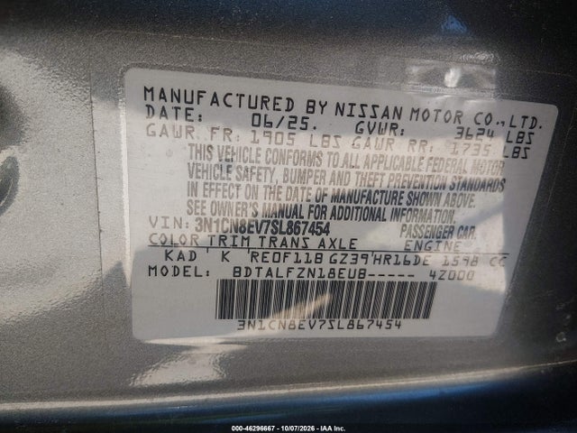 46296667 :رقم المزاد ، 3N1CN8EV7SL867454 vin ، 2025 Nissan Versa 1.6 Sv مزاد بيع