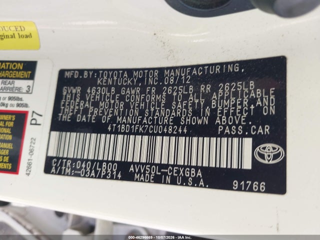 46296669 :رقم المزاد ، 4T1BD1FK7CU048244 vin ، 2012 Toyota Camry Hybrid Xle مزاد بيع