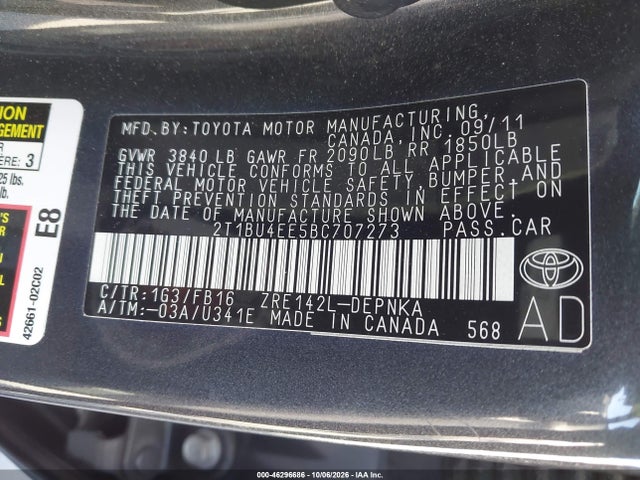 Продажа на аукционе авто 2011 Toyota Corolla Le, vin: 2T1BU4EE5BC707273, номер лота: 46296686