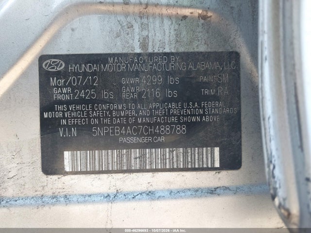 2012 Hyundai Sonata Gls მანქანა იყიდება აუქციონზე, vin: 5NPEB4AC7CH488788, აუქციონის ნომერი: 46296693