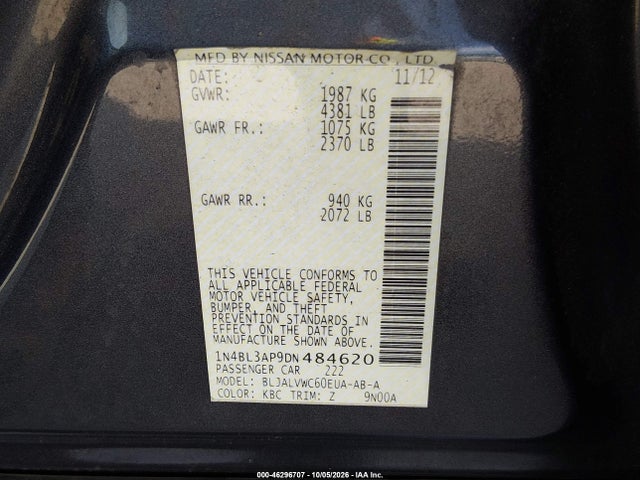 46296707 :رقم المزاد ، 1N4BL3AP9DN484620 vin ، 2013 Nissan Altima 3.5 Sl مزاد بيع