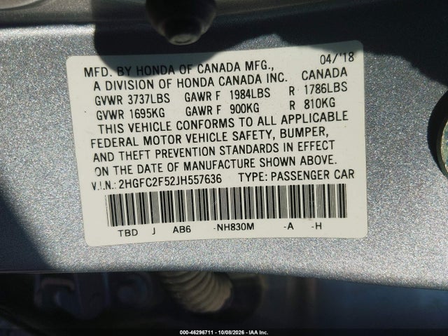 2018 Honda Civic Lx მანქანა იყიდება აუქციონზე, vin: 2HGFC2F52JH557636, აუქციონის ნომერი: 46296711