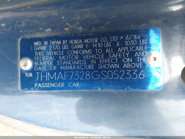 Продажа на аукционе авто 1986 Honda Civic 1500 Crx, vin: JHMAF7328GS052336, номер лота: 46296714