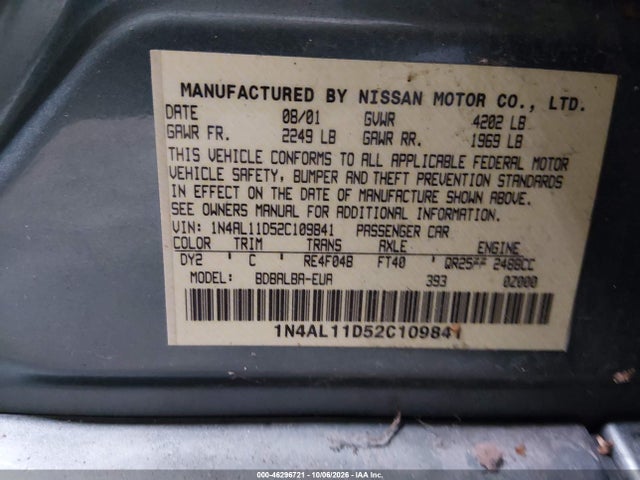 46296721 :رقم المزاد ، 1N4AL11D52C109841 vin ، 2002 Nissan Altima 2.5 S مزاد بيع