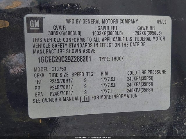 Aukcja sprzedaży 2009 Chevrolet Silverado 1500 Lt, vin: 1GCEC29C29Z288201, numer aukcji: 46296772