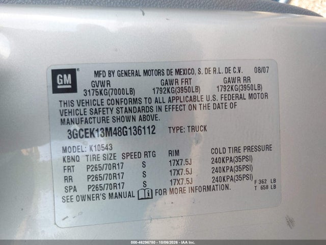 Продажа на аукционе авто 2008 Chevrolet Silverado 1500 Lt1, vin: 3GCEK13M48G136112, номер лота: 46296780