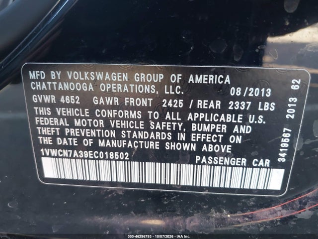 1VWCN7A39EC018502 Volkswagen Passat 2.0l Tdi Sel Premium